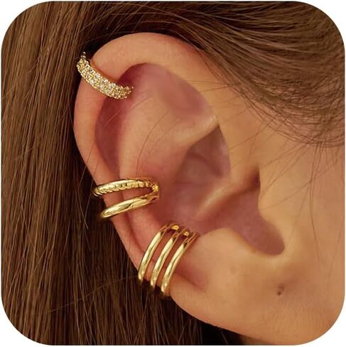 Gold Ear Cuff Earrings Non Piercing for Women,14K Gold Plated Cartilage Hoop Earring,Hypoallergenic Cubic Zirconia Huggie Hoop Cartilage Earring Clip on Cartilage Earring in Saudi Arabia