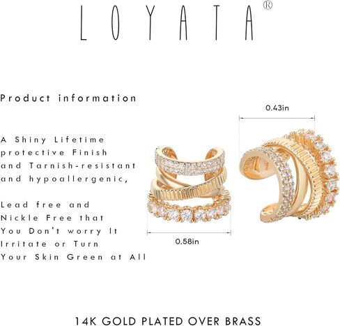 LOYATA 14K Gold Plated Cubic Zirconia Ear Cuff Huggie Hoop Ear Cuff Earrings for Women Clip On Cartilage Earring Gold Earrings for Women Jewelry Gifts in Kuwait