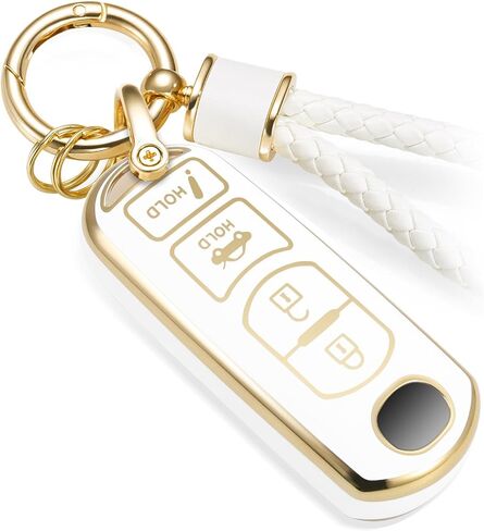 for Mazda Key Fob Cover with Metal Braided Rope Keychain, Upgraded Soft Case for CX-3 CX-5 CX-7 CX-9 Mazda 3 6 MX-5 Miata (4 buttons) Key Fob Shell (Gold Edge, A1) in Saudi Arabia