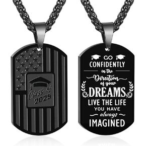 Graduation Gifts for Him, Class of 2025 College High School Senior Graduate Necklace for Men Teenager Boys American Flag Dog Tag Pendant Cross Chain Inspirational Jewelry