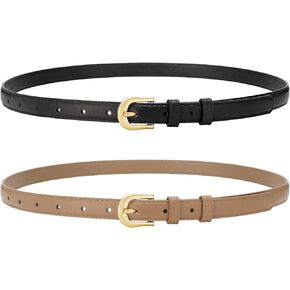 XZQTIVE 2 Pack 0.71'' Women Skinny Leather Belts for Jeans Dress Pants Thin Black Brown Belt for Ladies with Gold Buckle
