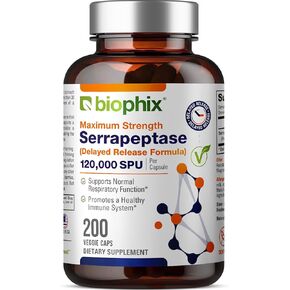 biophix Serrapeptase Supplement 120000 SPU Maximum Strength 200 Veggie Caps - Delayed Release Formula - Natural Enzyme Support