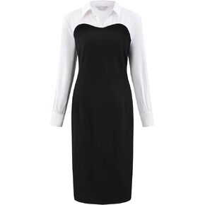Women's Collar Pencil Dress Long Sleeve Contrast Color Office Work Knee Length Dresses