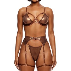Liquid Metal Metallic Mesh Bra and Garter Belt Lingerie Set - Copper