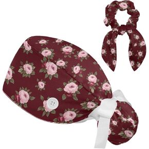Scrub Caps Women, Adjustable Surgical Caps with Ponytail Pouch and Buttons, Bouffant Scrub Hats for Long Hair with Hair Scrunchy,Pink Rose on Burgundy Cute Summer Flower Seamless Floral Pattern