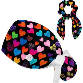 Scrub Caps Women with Button,Adjustable Surgical Caps with Ponytail Pouch,Seamless Hearts Colored Pattern Working Cap with Bow