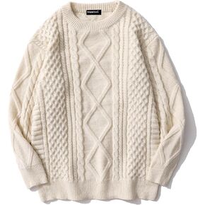 Vamtac Womens Oversized Sweaters Cable Knit Crewneck Cream Casual Vintage Loose Pullover Beige Woven Tops