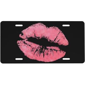 Vintage Kiss Pink Lips Aluminum License Plate Metal Car Front License Plate Cover Car Decor Accessory Novelty Vanity Decoration Tag with 4 Holes Gift for Men Women 6 x 12 Inch