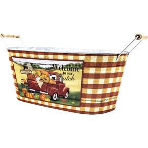 Hill’s Parks Oval Bountiful Metal Pumpkin Pot “ Welcome to Our Patch"- 14" Long - Fall Decor - Farmhouse Style - Oval Bountiful Metal Pumpkin Pot “ Welcome to Our Patch"