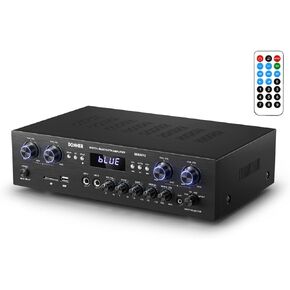 Donner Bluetooth 5.0 Stereo Audio Amplifier Receiver, 4 channel, 440W Peak Power Home Theater Stereo Receiver USB, SD,FM, 2 Mic IN Echo, RCA, LED, Speaker Selector For Studio, Home-MAMP5