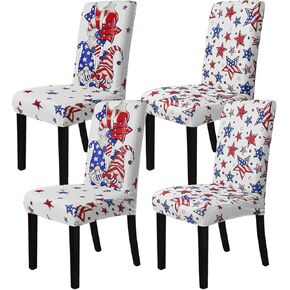 4th of July Chair Covers Set of 4 Gnomes Blue Red Stars Dining Room Slipcovers Stretch Parsons Chair Seat Protectors Independence Day Patriotic Decor-4PCS