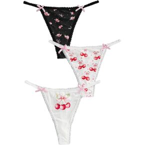 WDIRARA Women's 3 Pack Thongs Cute Print Panty Lace Trim T Back Underwear