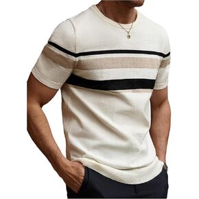 Verdusa Men's Old Money Striped Color Block Sweater Short Sleeve Crew Neck Casual Fitted Knitwear