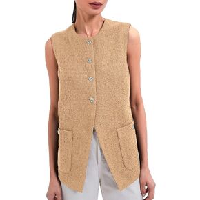 Women Sleeveless Blazer Vest Summer Button Down Round Neck Tweed Suit Vest Business Office Casual Work Waistcoat