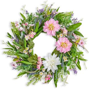 20'' Spring Wreath for Front Door - Pink Dahlia Artificial Flowers Summer Door Wreath with Natural Vine for Home Decor, Easter Wreaths, Farmhouse Front Door Decoration