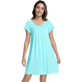 NACHILA Nightgowns for Women-Viscose Made from Bamboo, Short Sleeve Sleepshirt Pleated Nightshirts Crew Neck Sleepwear