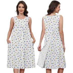 Hospital Gowns for Women Tear Away Snap Open Back Post Shoulder Surgery Sleeveless Adaptive Clothing with Pockets White Flower