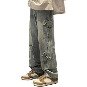 SHENHE Men's Graphic Baggy Jeans Star Patched Wide Leg Loose Y2k Denim Jeans Streetwear