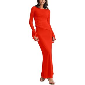 Lrady Womens 2 قطعة مجموعات طويلة الأكمام الطاقم اقتصاص أعلى نحيف عالي الخصر الحزب Maxi قلم رصاص ملابس طويلة الملابس