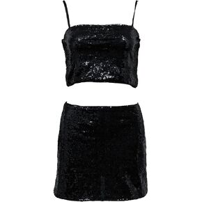 Xintianji Women's 2 Pieces Outfits Sequin Sparlle Glitter Cami Crop & Mini Skirt Bodycon Dress Set For Party Night Out Dating