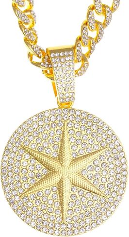 Round star Hip-hop Cuban Chain, Rhinestone Pendant Necklace Jewelry For Men，Men's Fashion Jewelry in Kuwait
