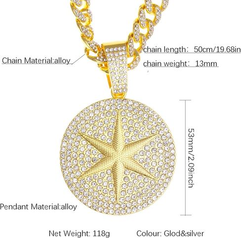 Round star Hip-hop Cuban Chain, Rhinestone Pendant Necklace Jewelry For Men，Men's Fashion Jewelry in Kuwait