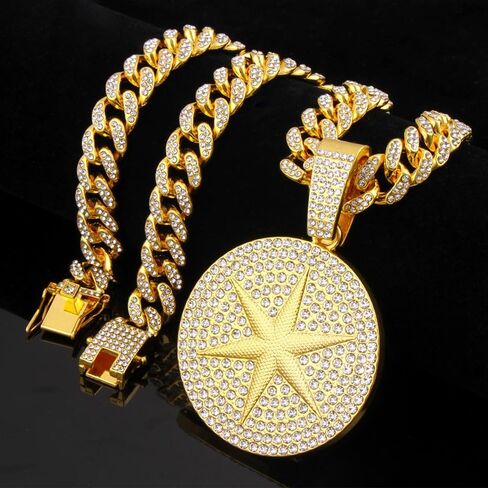Round star Hip-hop Cuban Chain, Rhinestone Pendant Necklace Jewelry For Men，Men's Fashion Jewelry in Kuwait