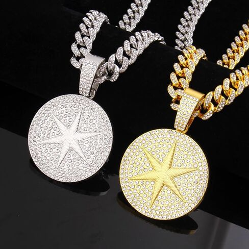 Round star Hip-hop Cuban Chain, Rhinestone Pendant Necklace Jewelry For Men，Men's Fashion Jewelry in Kuwait
