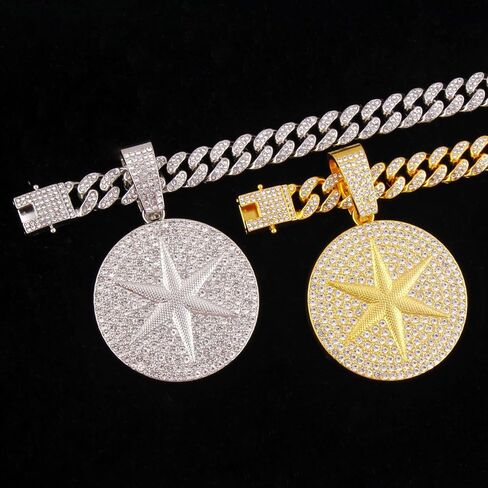 Round star Hip-hop Cuban Chain, Rhinestone Pendant Necklace Jewelry For Men，Men's Fashion Jewelry in Kuwait