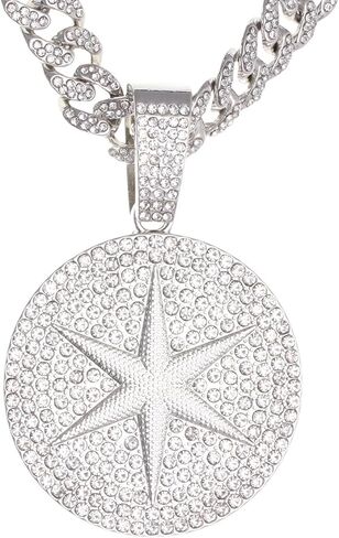 Round star Hip-hop Cuban Chain, Rhinestone Pendant Necklace Jewelry For Men，Men's Fashion Jewelry in Kuwait