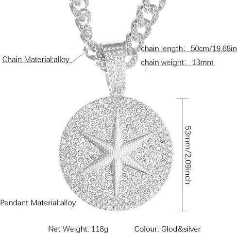 Round star Hip-hop Cuban Chain, Rhinestone Pendant Necklace Jewelry For Men，Men's Fashion Jewelry in Kuwait