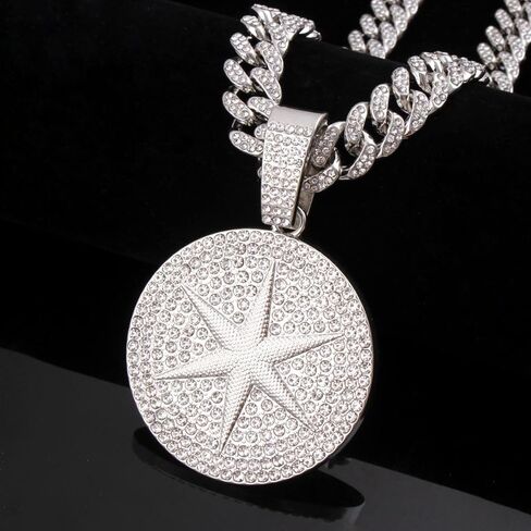 Round star Hip-hop Cuban Chain, Rhinestone Pendant Necklace Jewelry For Men，Men's Fashion Jewelry in Kuwait