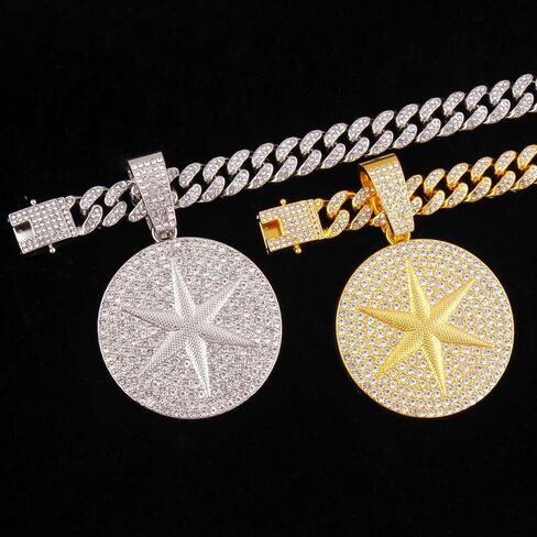 Round star Hip-hop Cuban Chain, Rhinestone Pendant Necklace Jewelry For Men，Men's Fashion Jewelry in Kuwait