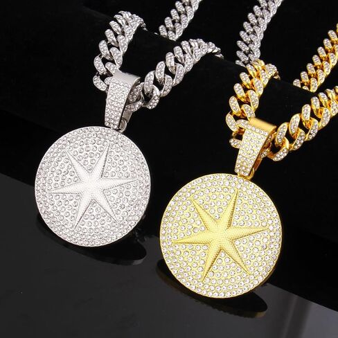 Round star Hip-hop Cuban Chain, Rhinestone Pendant Necklace Jewelry For Men，Men's Fashion Jewelry in Kuwait