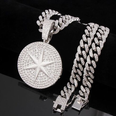 Round star Hip-hop Cuban Chain, Rhinestone Pendant Necklace Jewelry For Men，Men's Fashion Jewelry in Kuwait