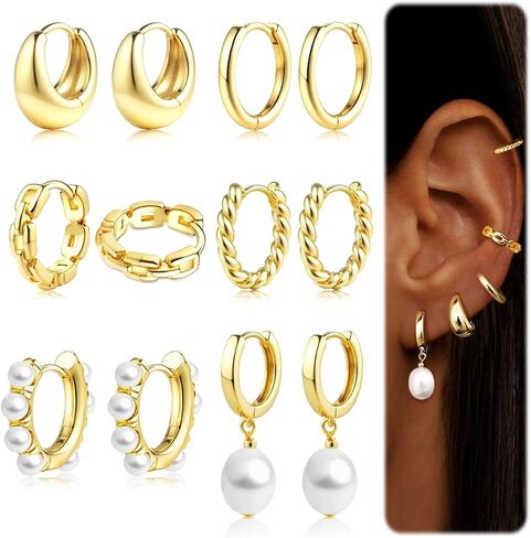 6 Pairs 14K Gold Plated Hoop Earrings for Women Trendy Chunky Hoop Earrings Stack Multipack Huggie Hoops Pearl Chain Dangle Gold Hoop Earrings Set in Saudi Arabia