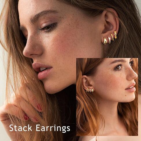 6 Pairs 14K Gold Plated Hoop Earrings for Women Trendy Chunky Hoop Earrings Stack Multipack Huggie Hoops Pearl Chain Dangle Gold Hoop Earrings Set in Saudi Arabia