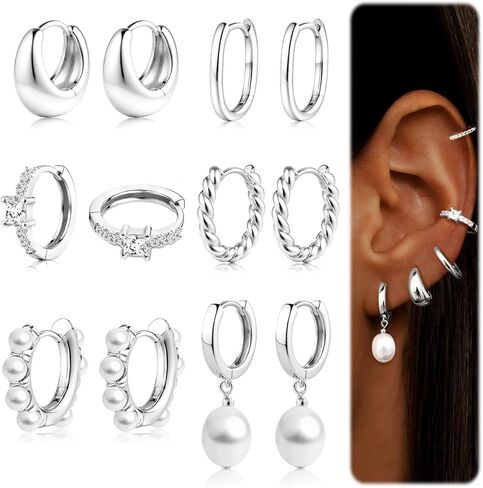 6 Pairs 14K Gold Plated Hoop Earrings for Women Trendy Chunky Hoop Earrings Stack Multipack Huggie Hoops Pearl Chain Dangle Gold Hoop Earrings Set in Saudi Arabia