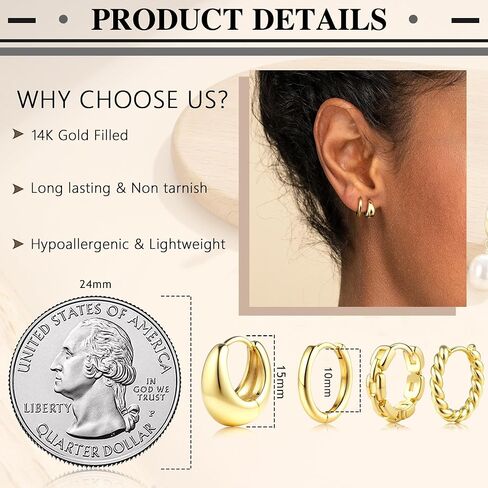 6 Pairs 14K Gold Plated Hoop Earrings for Women Trendy Chunky Hoop Earrings Stack Multipack Huggie Hoops Pearl Chain Dangle Gold Hoop Earrings Set in Saudi Arabia