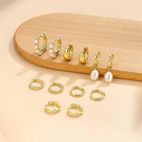 6 Pairs 14K Gold Plated Hoop Earrings for Women Trendy Chunky Hoop Earrings Stack Multipack Huggie Hoops Pearl Chain Dangle Gold Hoop Earrings Set in Saudi Arabia