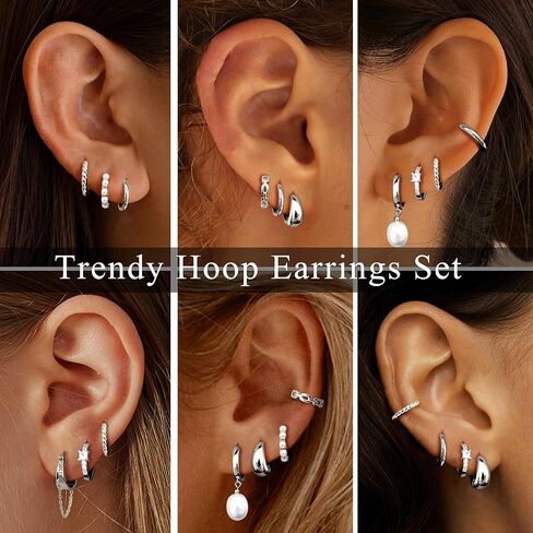 6 Pairs 14K Gold Plated Hoop Earrings for Women Trendy Chunky Hoop Earrings Stack Multipack Huggie Hoops Pearl Chain Dangle Gold Hoop Earrings Set in Saudi Arabia