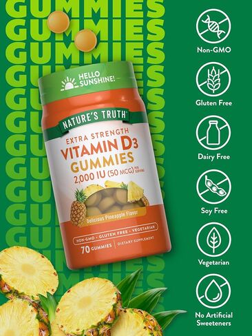 Nature's Truth Vitamin D3 Gummies | 2000 IU | 50MCG | 70 Count | Vegetarian, Non-GMO, Gluten Free | Pineapple Flavor in Saudi Arabia