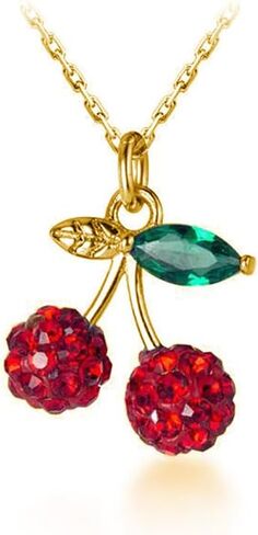 Cute Red Cherry Pendant Necklace for Women Girls 925 Sterling Silver Cubic Zirconia Paved Crystal Fruit Green Leaf Adjustable Chain Choker Necklaces Exquisite Jewelry Gifts for Her with Gift Box in Saudi Arabia