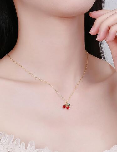 Cute Red Cherry Pendant Necklace for Women Girls 925 Sterling Silver Cubic Zirconia Paved Crystal Fruit Green Leaf Adjustable Chain Choker Necklaces Exquisite Jewelry Gifts for Her with Gift Box in Saudi Arabia