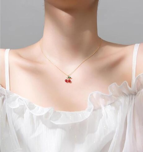 Cute Red Cherry Pendant Necklace for Women Girls 925 Sterling Silver Cubic Zirconia Paved Crystal Fruit Green Leaf Adjustable Chain Choker Necklaces Exquisite Jewelry Gifts for Her with Gift Box in Saudi Arabia