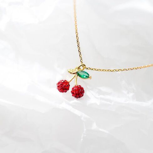 Cute Red Cherry Pendant Necklace for Women Girls 925 Sterling Silver Cubic Zirconia Paved Crystal Fruit Green Leaf Adjustable Chain Choker Necklaces Exquisite Jewelry Gifts for Her with Gift Box in Saudi Arabia