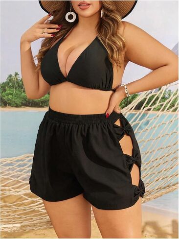 Floerns Women's Plus Size Bow Cut Out Beach Shorts Elastic High Waist Swimsuit Bottom in Saudi Arabia