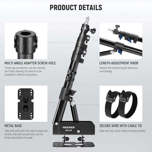 Neewer Wall Mounting Triangle Boom Arm for Ring Light, Monolight, Softbox, Reflector, Umbrella, and Photography Strobe Light, Support 180 Degree Rotation, Max Length 5.9 feet/180cm (Black) in Kuwait