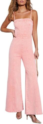 Women's Casual Denim Jumpsuit Sleeveless Adjustable Strap Stretchy Flare Jeans Long Pants Rompers in Saudi Arabia