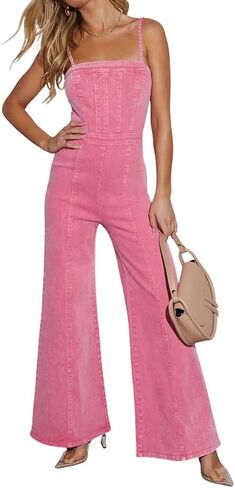 Women's Casual Denim Jumpsuit Sleeveless Adjustable Strap Stretchy Flare Jeans Long Pants Rompers in Saudi Arabia